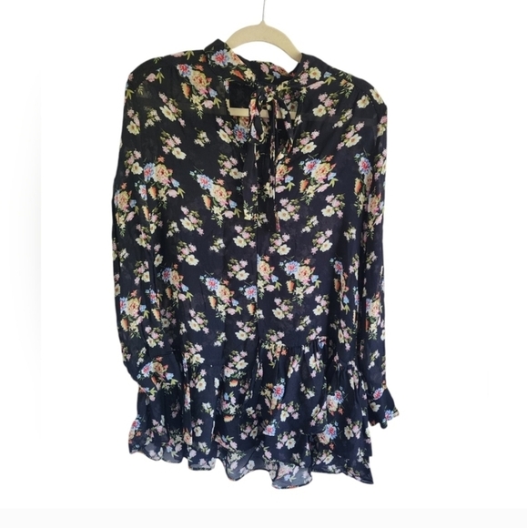 Zara Woman Tunic/Mini Dress with Neck Tie Floral and Hem Ruffle Print Size Med - Picture 9 of 9